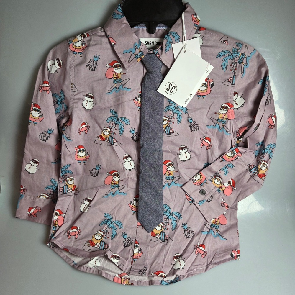 SVRN CODE Boys Tropical Santa Christmas Button Down Shirt and Tie Set Size 4 NWT